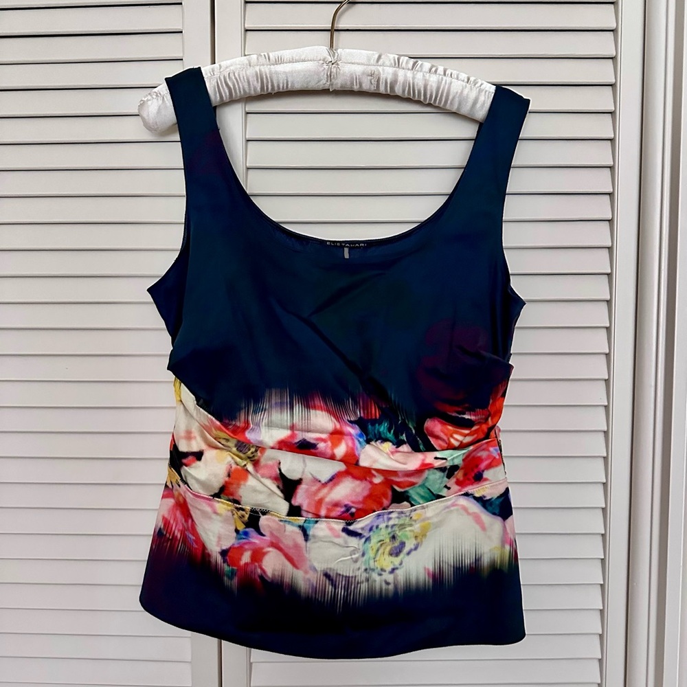 Elie Tahari Navy Floral Print Scoop Neck Tank Top